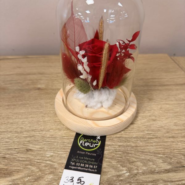 Cloche avec rose rouge éternelle avec lumière intégrée